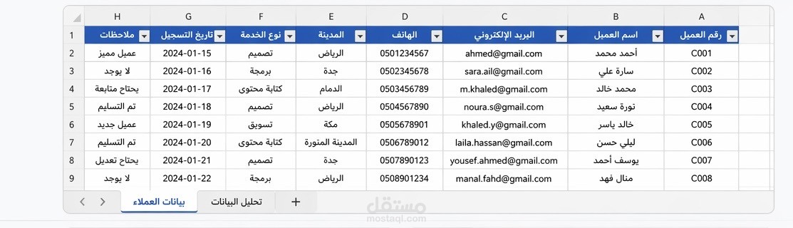 تنظيم وتحليل بيانات عملاء في ملف Excel