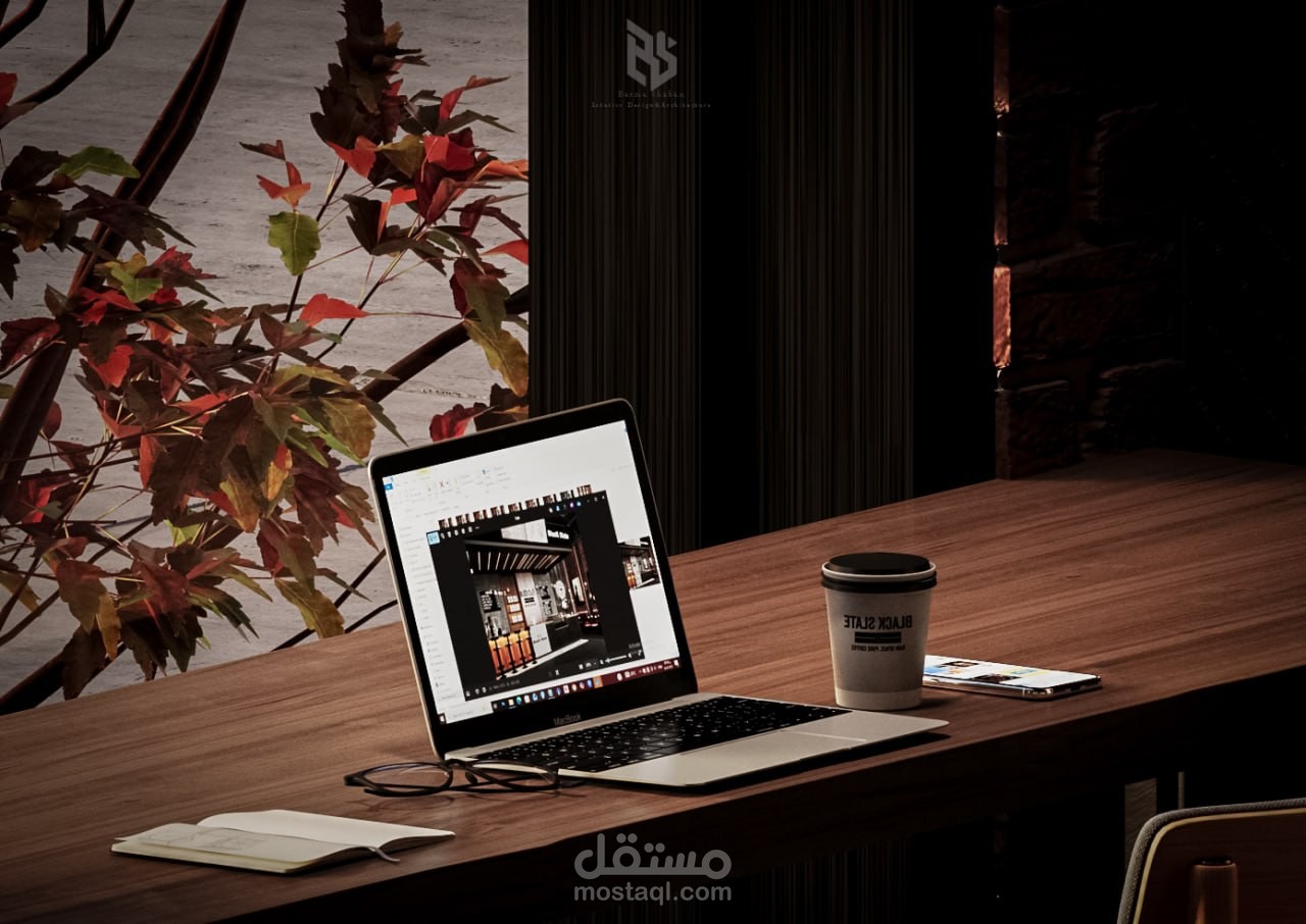 Black Slate | Modern Industrial Café design & visualization : Basma Shaban Al bana