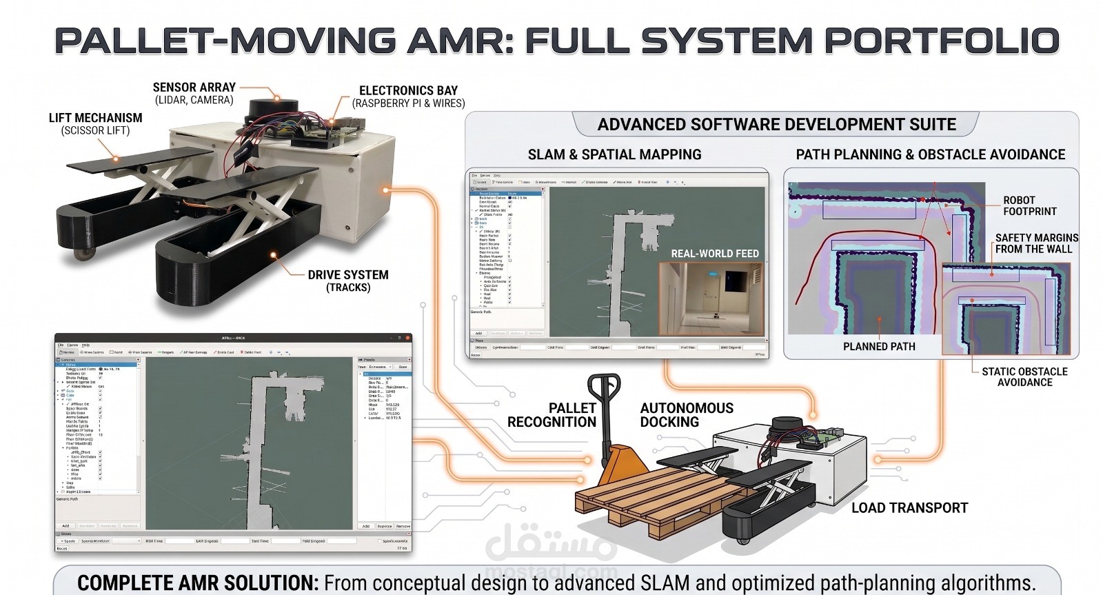 تصميم ومحاكاة روبوت متنقل ذاتي القيادة AMR لنقل الطبالي والمنصات باستخدام ROS