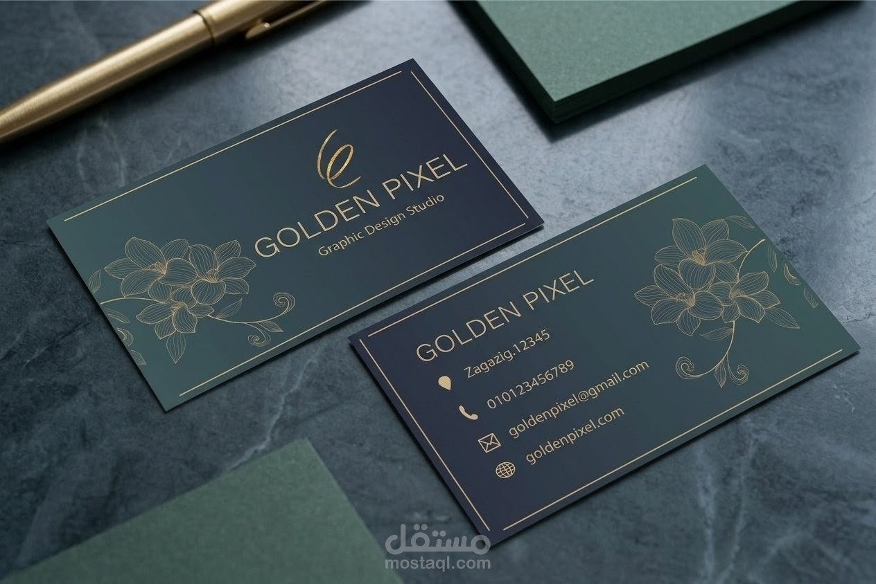 تصميم هوية بصرية وبطاقة عمل (Business Card) فاخرة - استوديو Golden Pixel