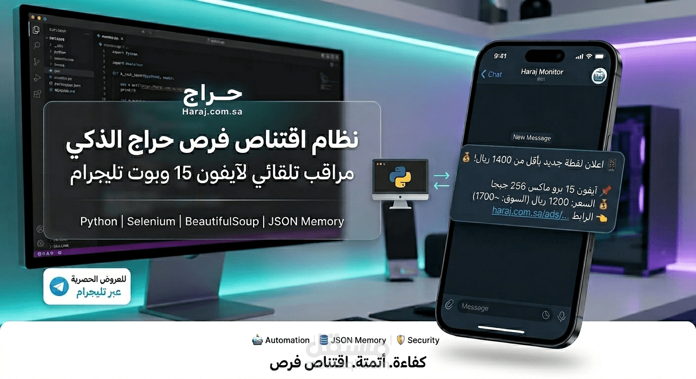 نظام أتمتة آلي ذكي لمراقبة الأسعار واقتناص عروض آيفون 15 من موقع حراج عبر تليجرام.