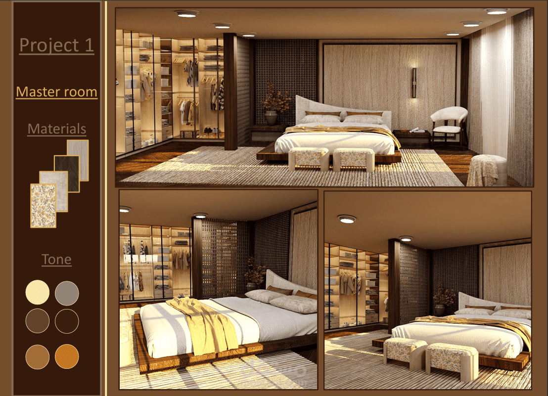 تصميم داخلي لغرفة نوم رئيسية بنمط مودرن دافئ | Master Bedroom 3D Design