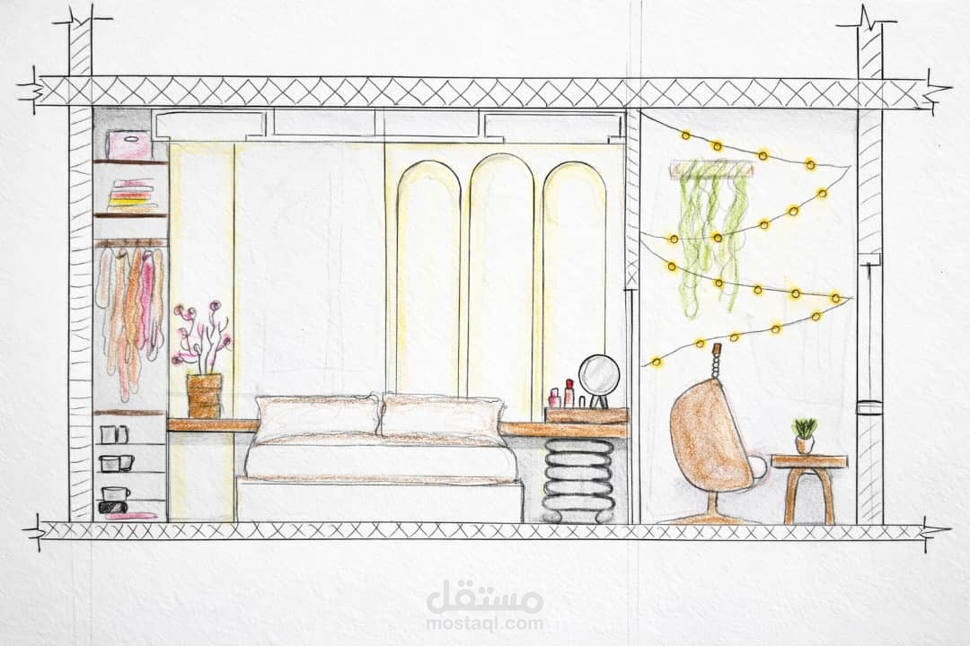 رسم واجهه لغرفة نوم وبلكونة خاصه