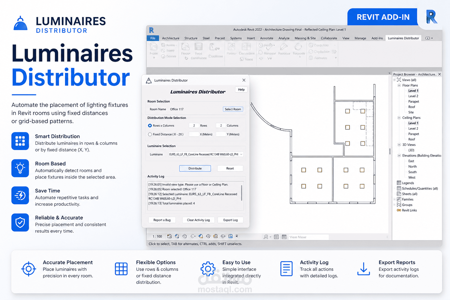 Luminaires Distributor | Revit Add-in لأتمتة توزيع وحدات الإضاءة داخل النماذج المعمارية