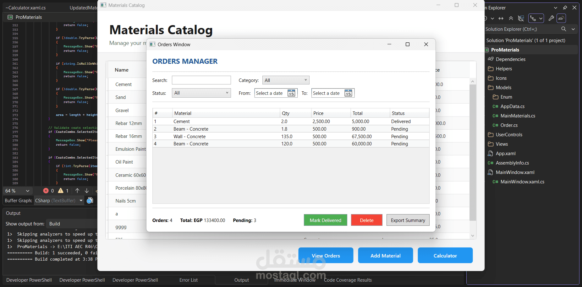 Desktop Application Construction Material Calculator & Order Manager
