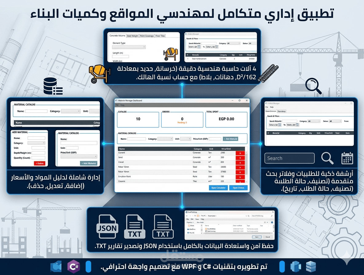 تطبيق إداري متكامل لمهندسي المواقع وكميات البناء (C#/WPF)