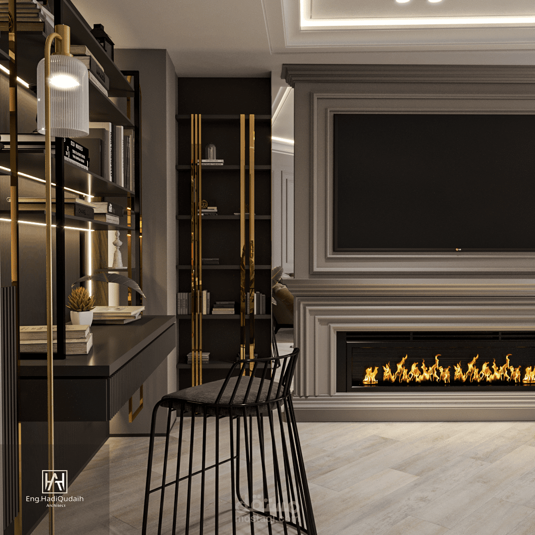 Modern Living Space – Fireplace & Workspace Corner