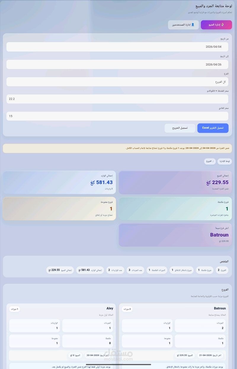 تصميم نظام جرد ومتابعة مبيعات لـ 10 فروع مع لوحة تحكم وتقارير Excel