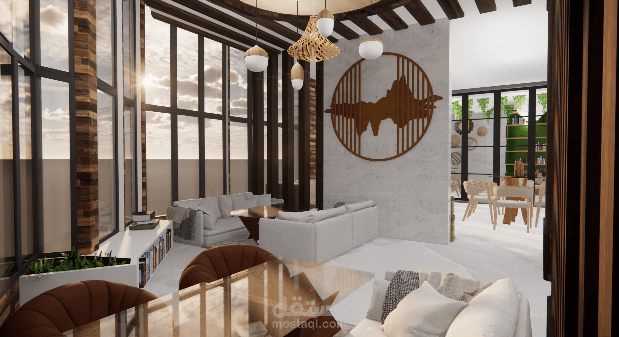 تصميم داخلي لغرفة اجتماعات معرفية وجلسة أرضية بطابع عصري دافئ