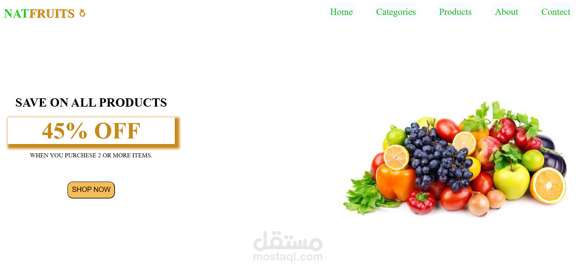 متجر إلكتروني متكامل لعرض المنتجات الغذائية (خضروات، فواكه، عصائر)