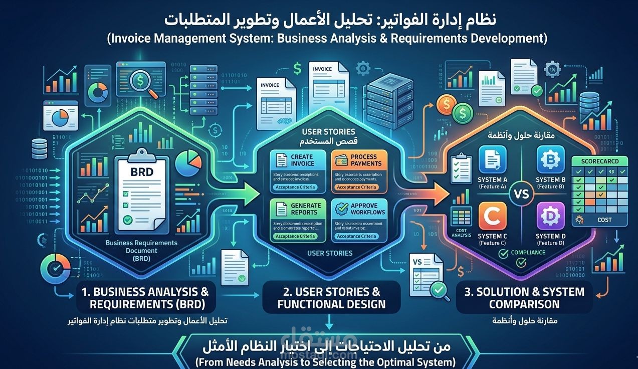 تحليل أعمال وتطوير متطلبات نظام إدارة الفواتير الإلكترونية (BRD + User Stories + مقارنة أنظمة محلية وعالمية)
