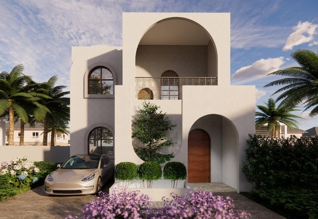 تصميم واجهة فيلا عصرية بلمسات متوسطية وإخراج معماري واقعي ثلاثي الأبعاد