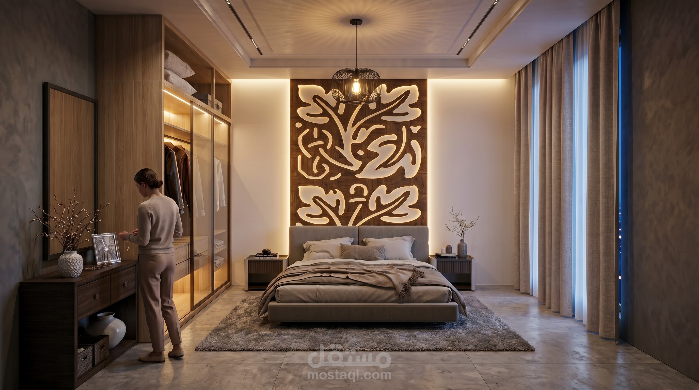 تصميم غرفة نوم مودرن بإخراج واقعي