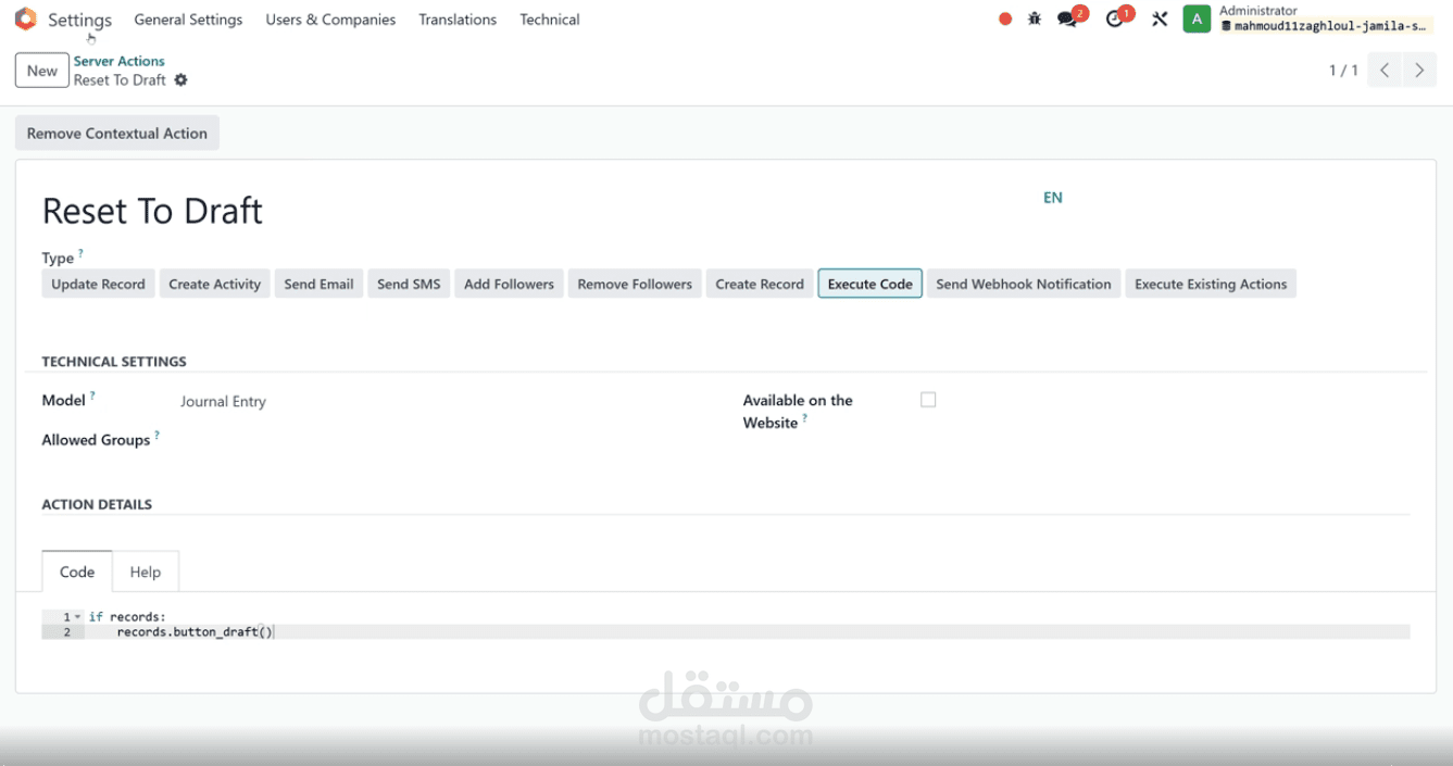 Bulk Reset Journal Entries to Draft via Server Action – Odoo Customization