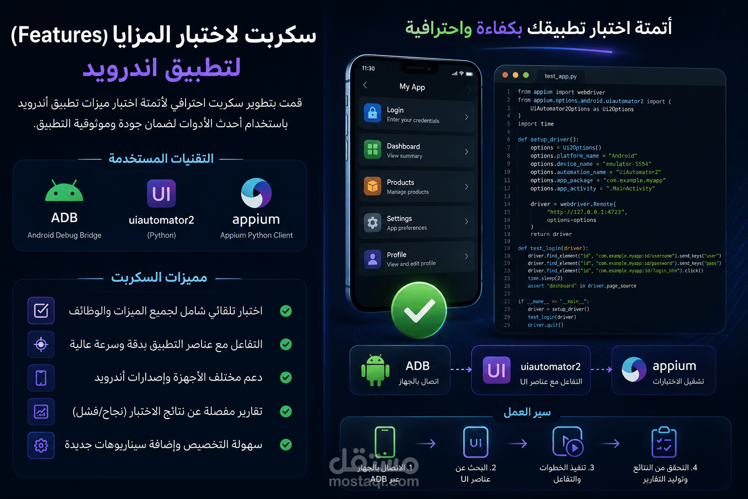 تطوير سكريبت لاختبار مزايا تطبيق أندرويد آليًا باستخدام Python و Appium و UIAutomator2