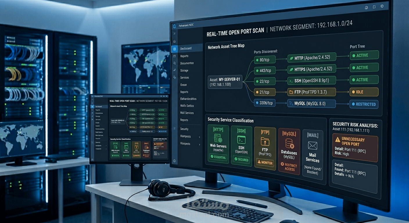 أقوم بفحص المنافذ المفتوحة (Port Scanning) وتحليل الخدمات الخاصة بموقعك