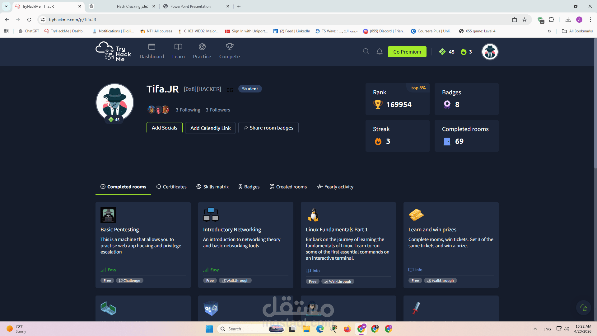 خبير أمن سيبراني معتمد وضمن قائمة أفضل 8% عالمياً على منصة TryHackMe