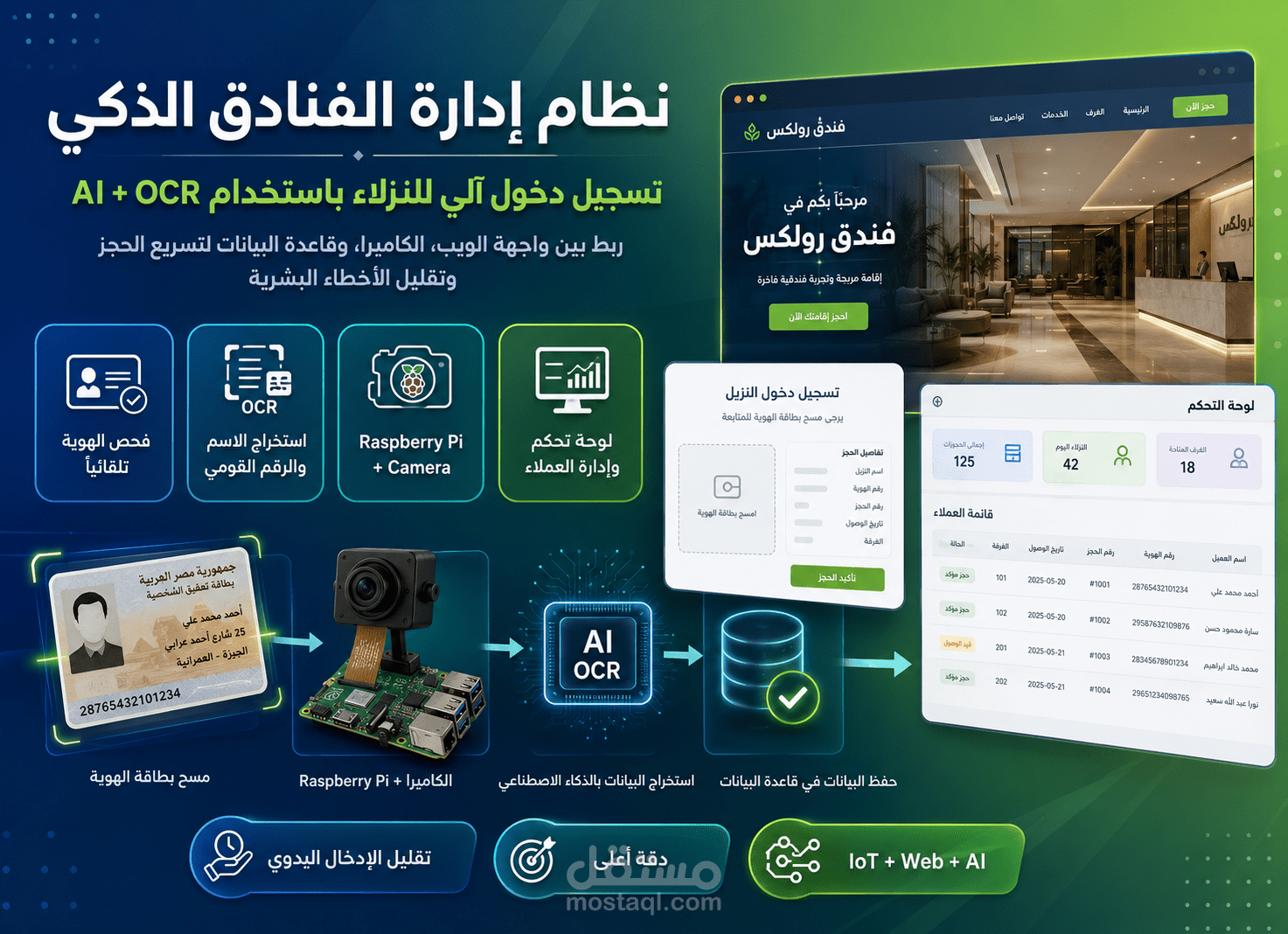 تطبيق ويب لإدارة حجوزات الفنادق مع ميزة قراءة البطاقات آلياً (AI & IoT)