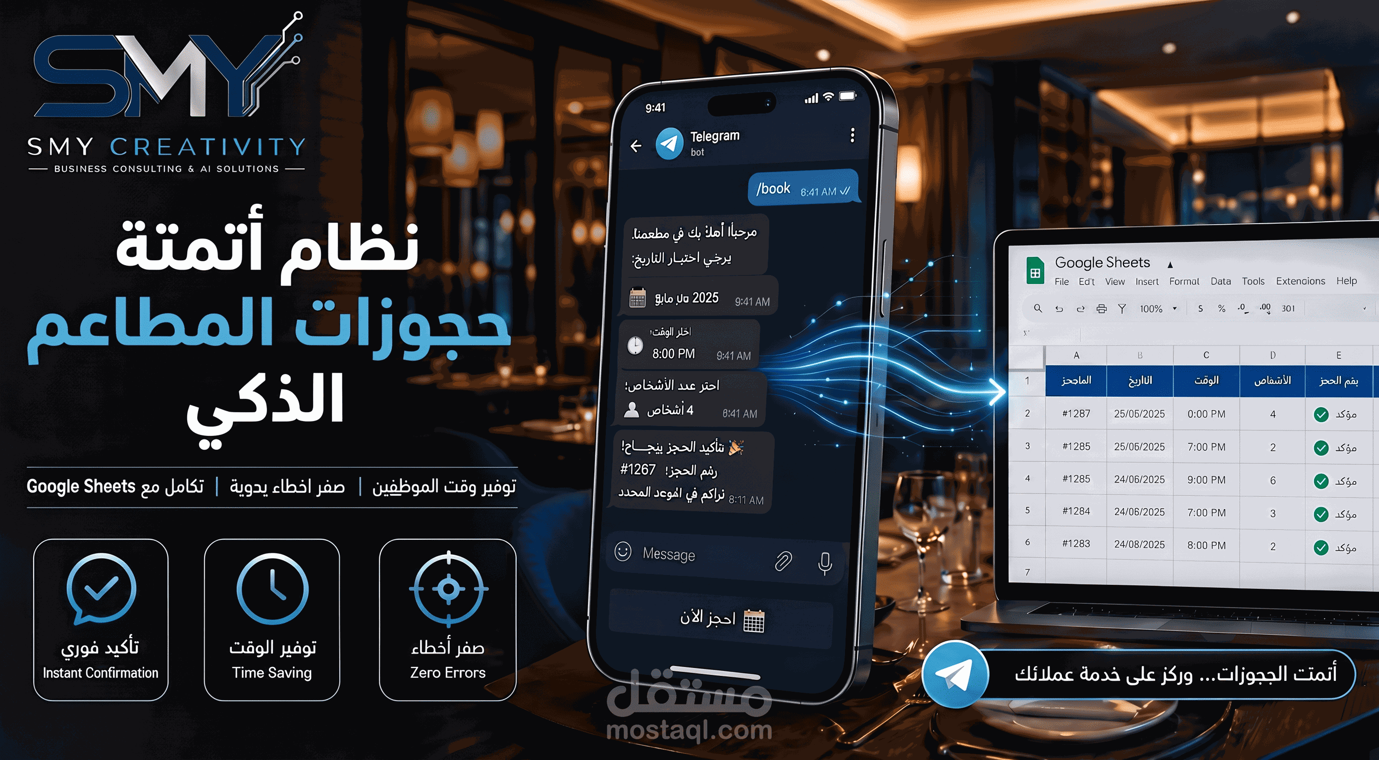 نظام أتمتة كامل يستقبل حجوزات المطعم  عبر تيليغرام تلقائياً بدون تدخل بشري.