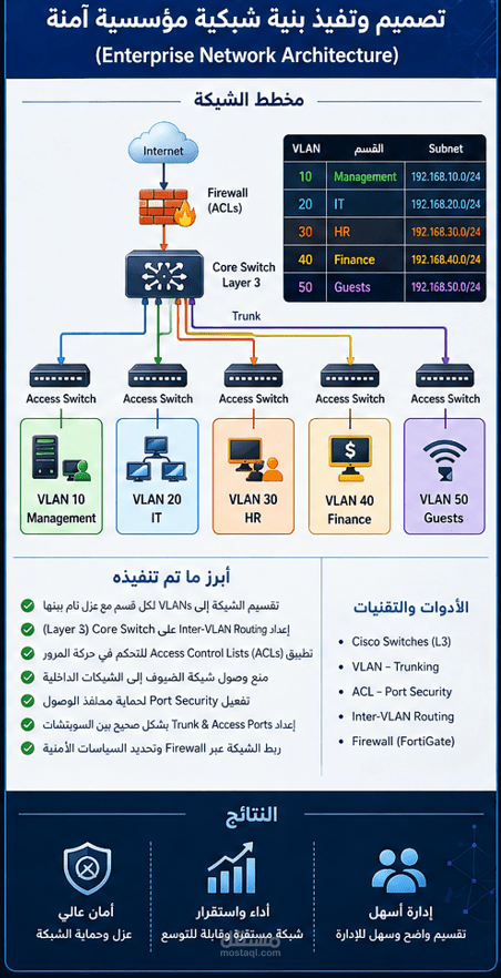 عنوان العمل  تصميم شبكة مؤسسية مع Active Directory وخادم ويب على Linux