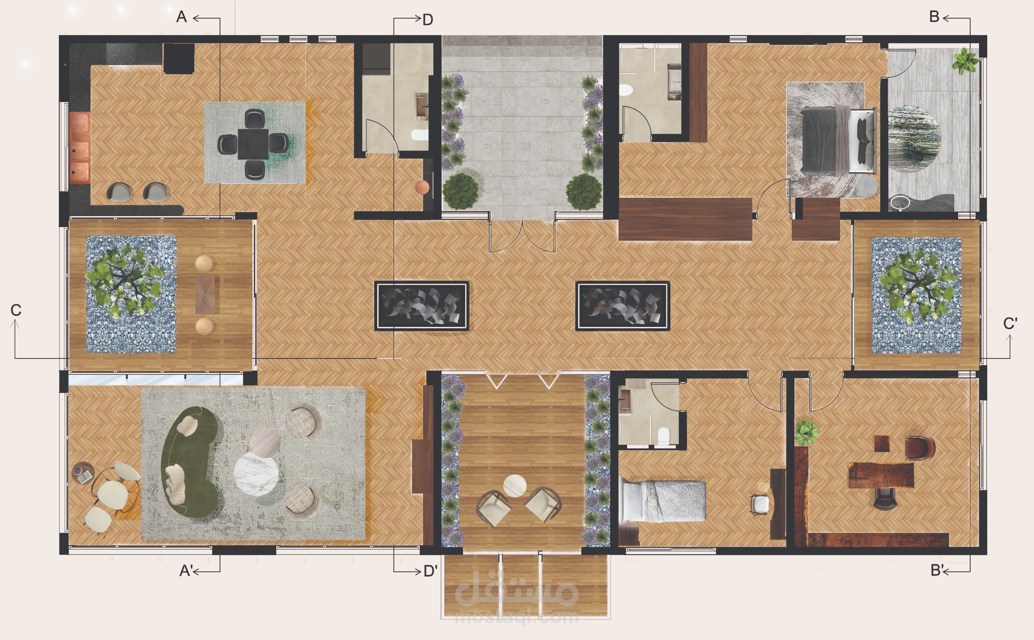تصميم داخلي ومخططات تنفيذية لوحدة سكنية عصرية (Modern Residential Design)