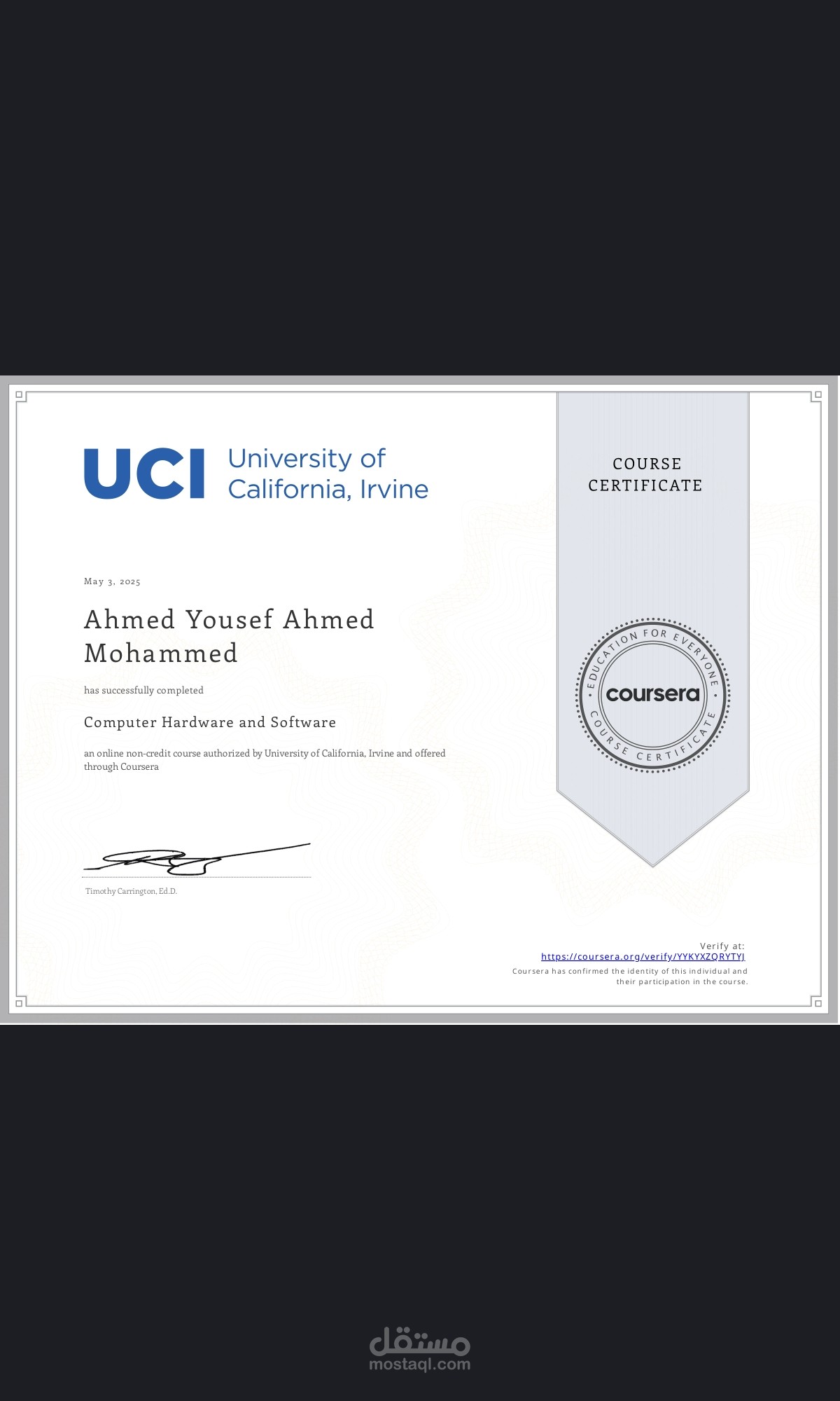 شهادة من Coursera في Computer Hardware & Software