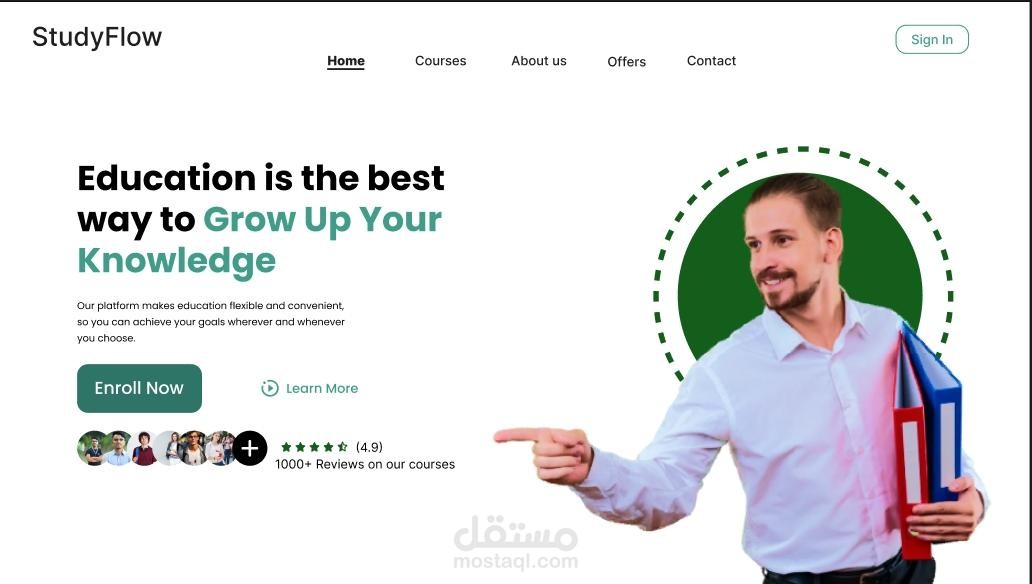 تصميم احترافي لصفحة هبوط (Landing Page) لمنصة تعليمية باسم StudyFlow