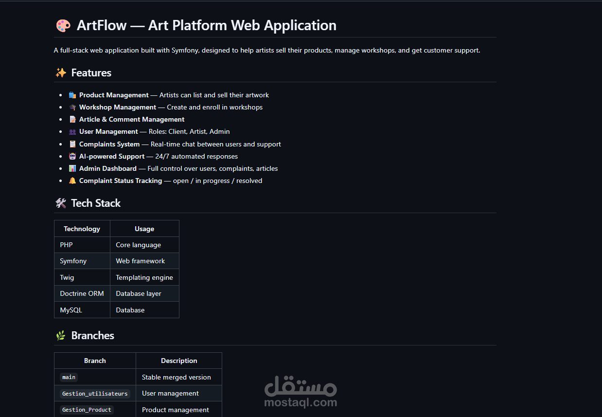 تطبيق ويب متكامل لإدارة منصة الفنون ArtFlow