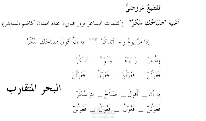 تَقطيعٌ عَروضيٌّ لأغنية "صَبَاحُكِ سُكَّرْ"