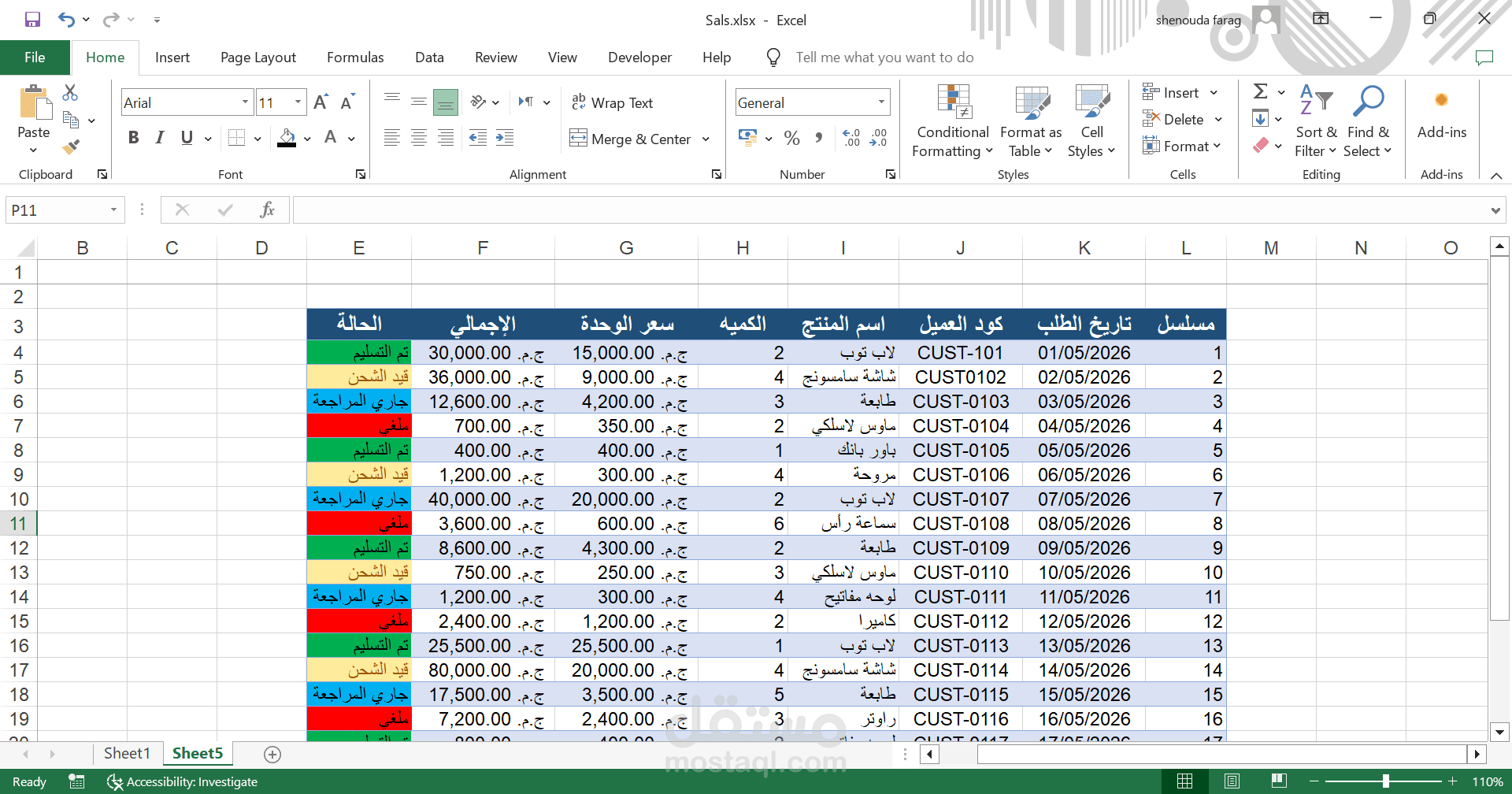 إعداد وتنظيم بيانات مبيعات