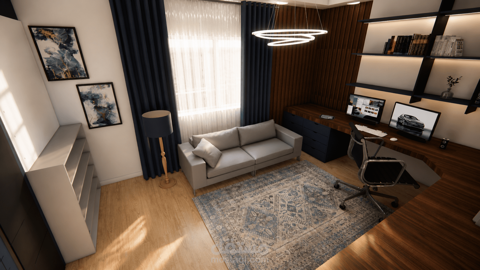 تصميم داخلي مكتب منزلي حديث يوازن بين الراحة والكفاءة.