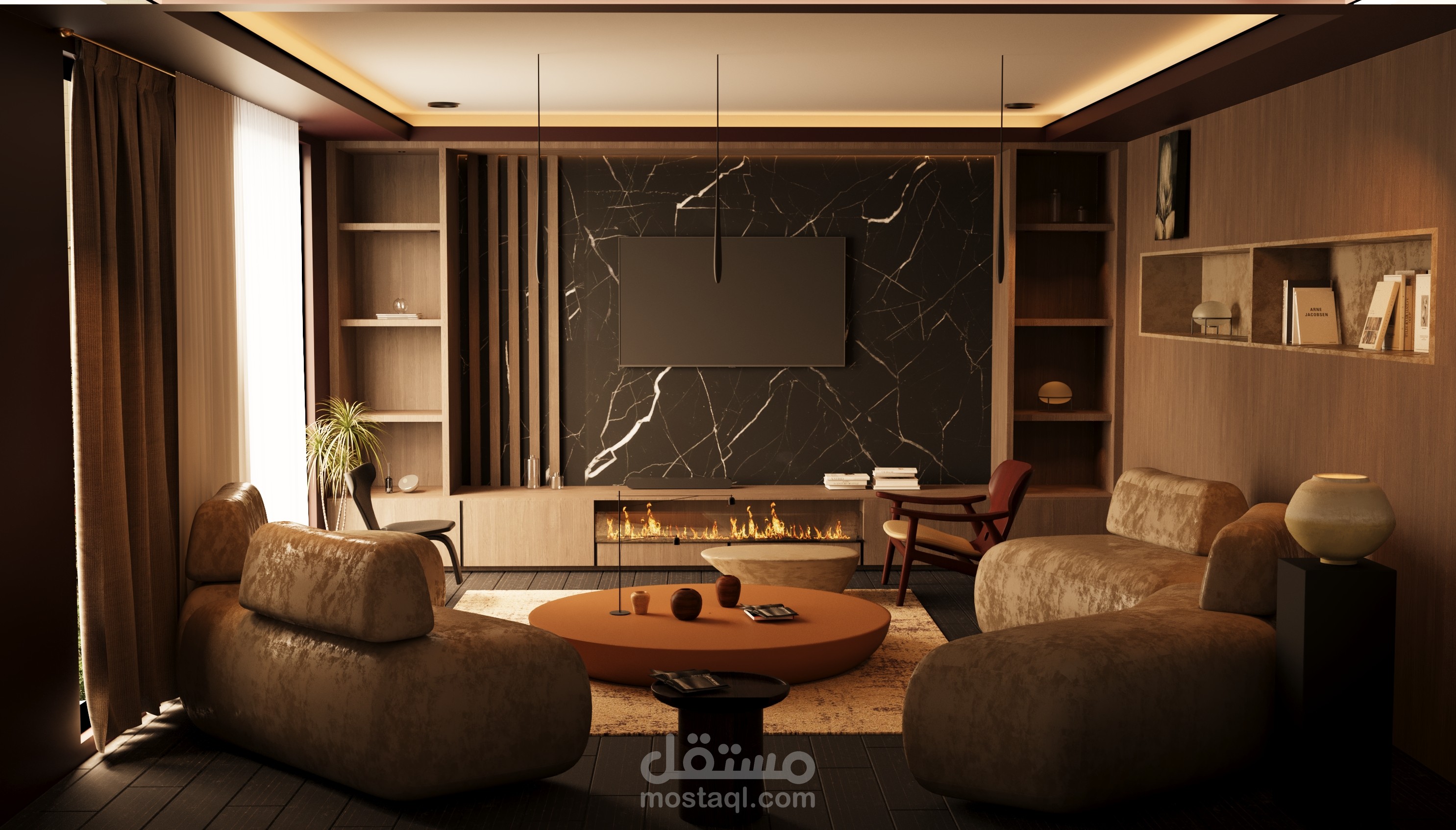 تصميم لغرفة معيشة مودرن دافئة وفخمة (The Warm Haven Living Room)