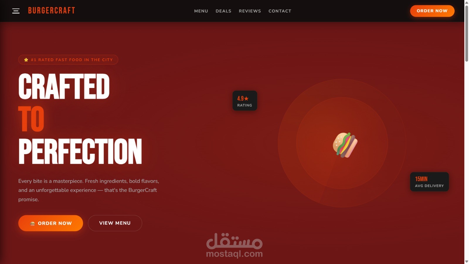تصميم واجهة مستخدم لموقع مطعم برجر (BurgerCraft)