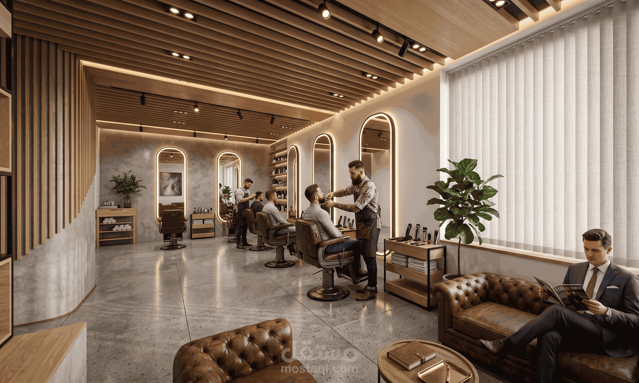 تصميم صالون حلاقة رجالي بطابع عصري فاخر