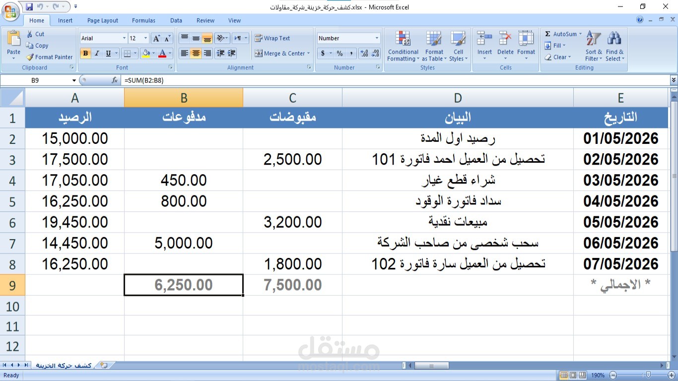 نموذج كشف حركه الخزينه اليوميه لشركه مقاولات