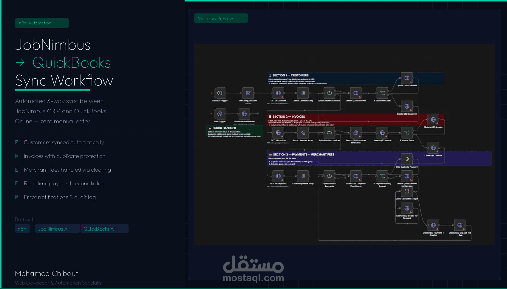 أتمتة متكاملة لمزامنة البيانات بين JobNimbus و QuickBooks Online عبر n8n