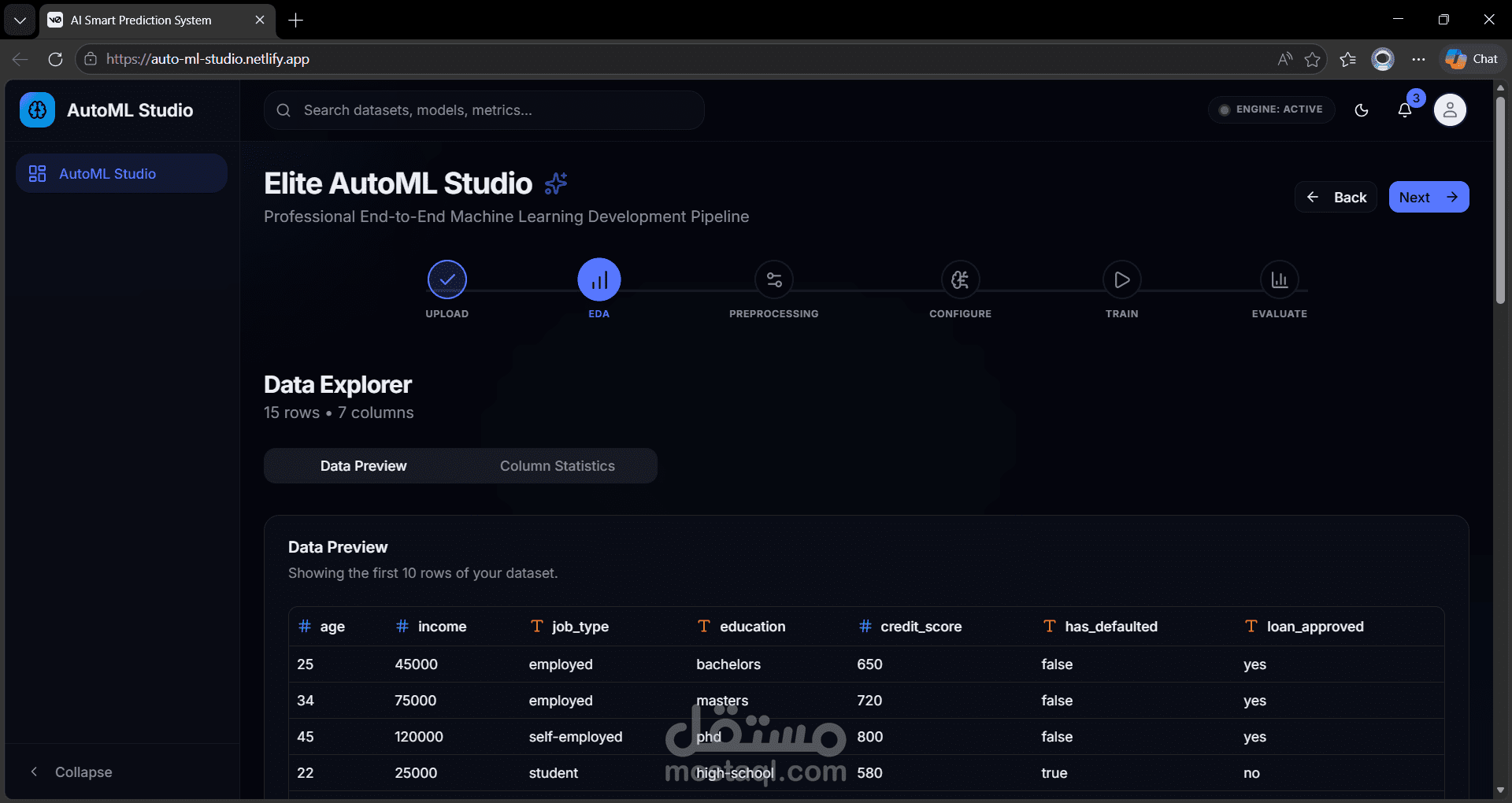 منصة AutoML لتحليل البيانات وبناء نماذج الذكاء الاصطناعي (SaaS Dashboard)