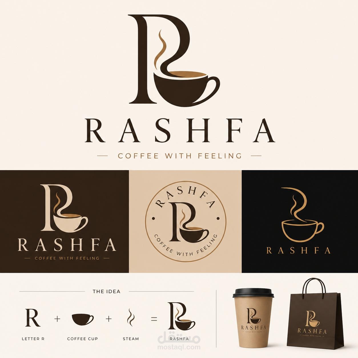 تصميم الشعار والهوية البصرية الكاملة لكافيه ومحمصة "رشفة | Rashfa"
