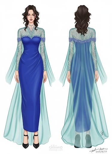 **تصميم فستان سهرة ملكي (View Front & Back) مع كيب منسدل