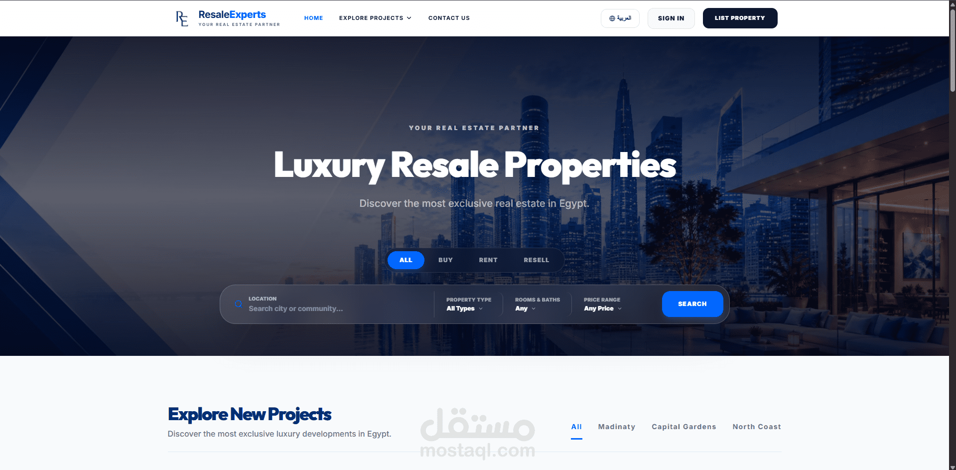 ResaleExperts — منصة عقارية فاخرة ونظام إدارة محتوى ذكي (Next.js & Supabase)