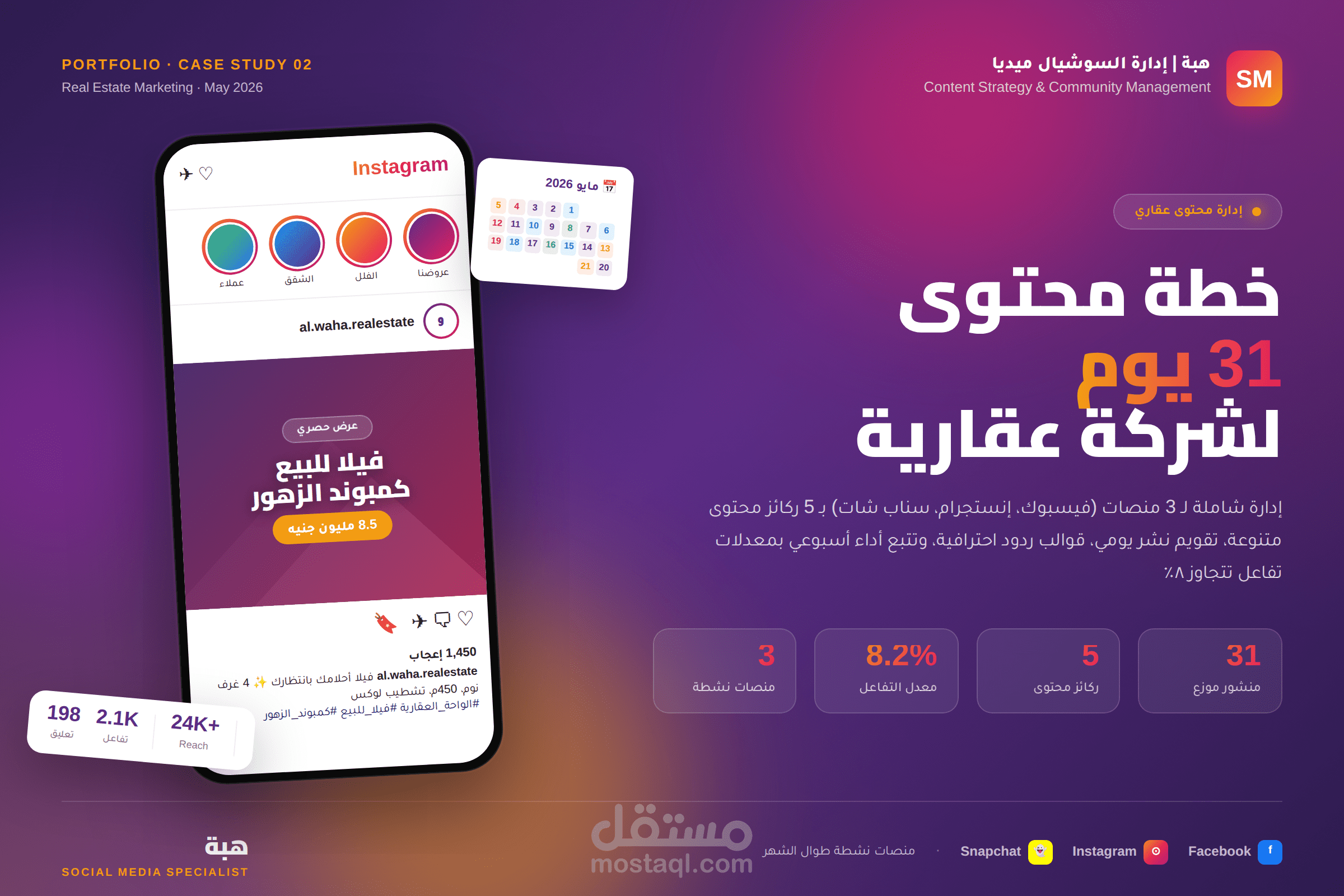 أخصائية إدارة سوشيال ميديا - خطة محتوى شهر كامل (31 يوم) لشركة عقارية على 3 منصات