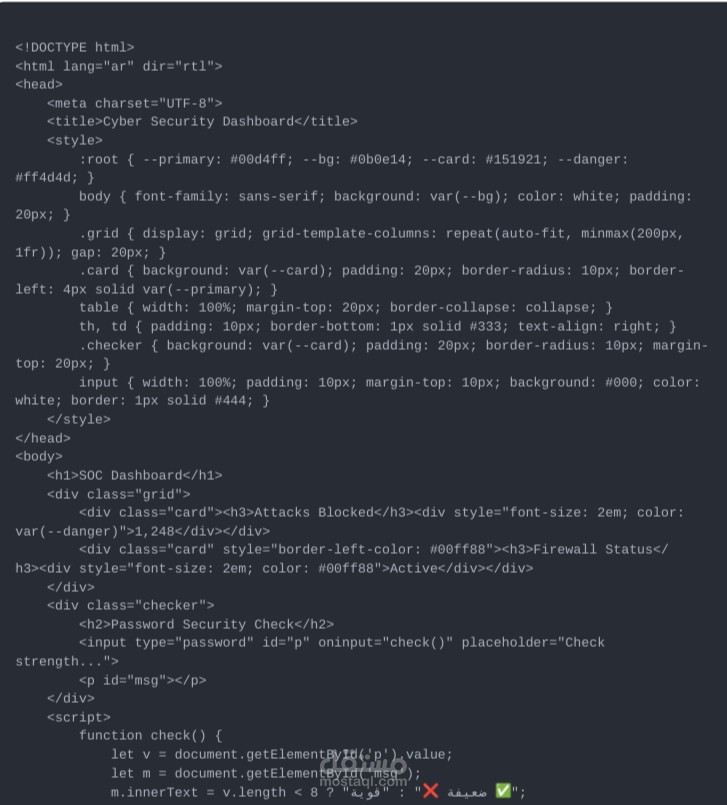 لوحة تحكم أمنية" (Cyber Security Dashboard).