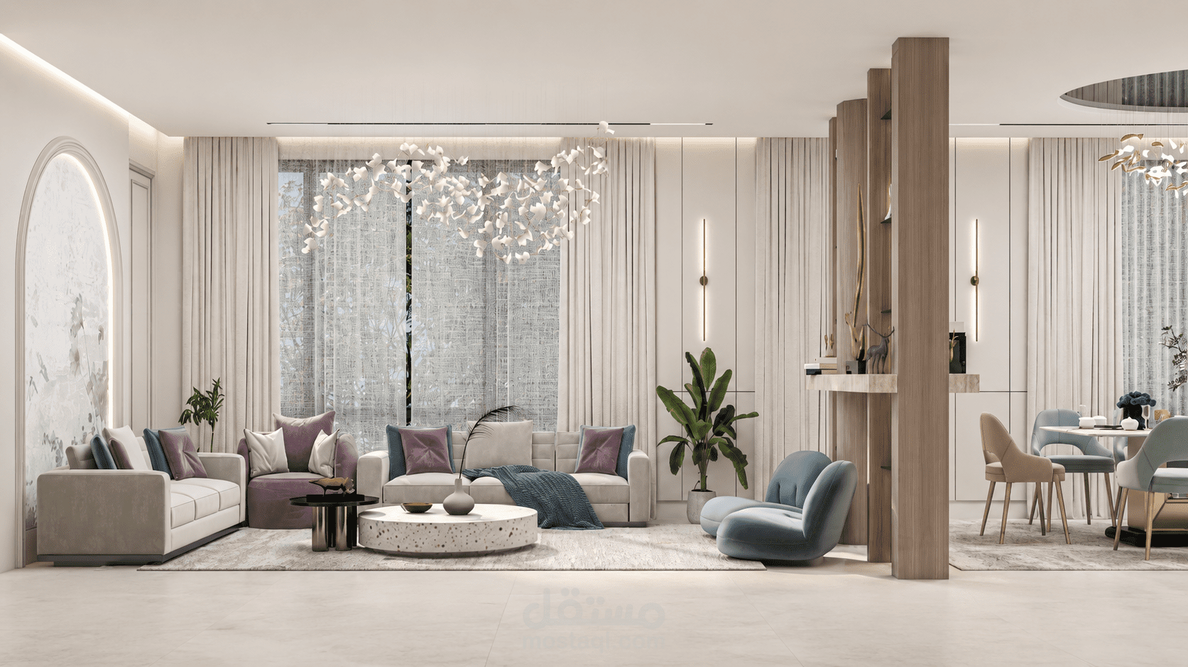 تصميم داخلي مودرن فاخر لغرفة معيشة مع لمسات عصرية هادئة