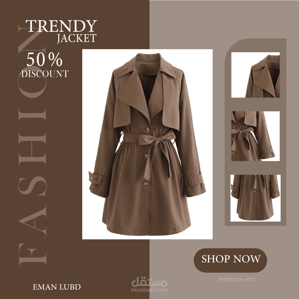 تصميم إعلان احترافي لمعطف نسائي (Fashion Banner) بأسلوب Minimalist عصري