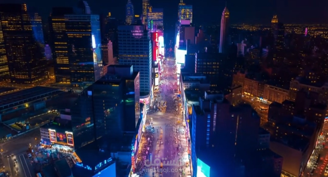 توليد مشهد جوي سينمائي لمدينة ليلاً باستخدام الذكاء الاصطناعي (Drone Shot)