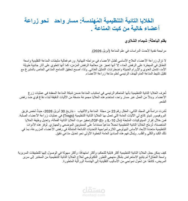 "نموذج مقال نقدي أكاديمي في علم المناعة وزراعة الأعضاء".
