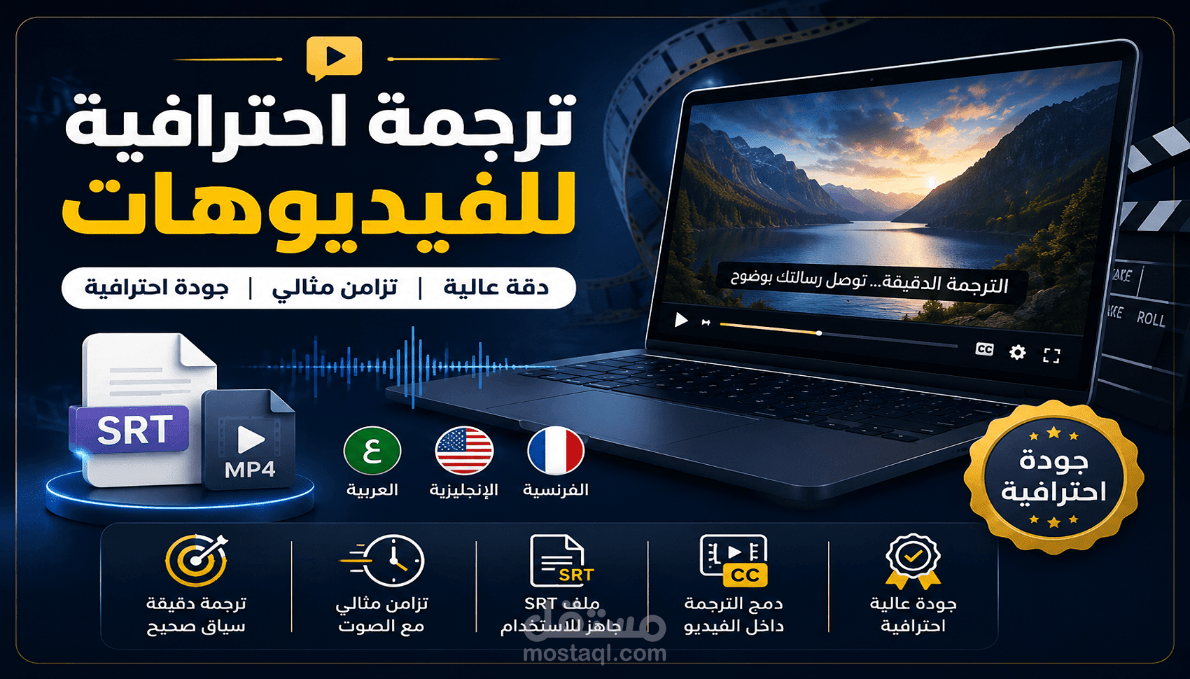 ترجمة فيديوهات احترافية (EN/AR) وإنشاء ملفات SRT مع دمج الترجمة الثابتة