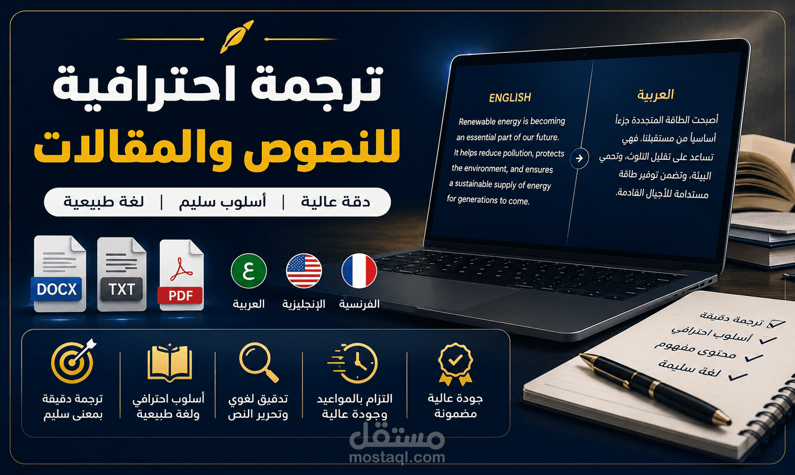 ترجمة احترافية وتدقيق لغوي للنصوص والمقالات (EN-AR)