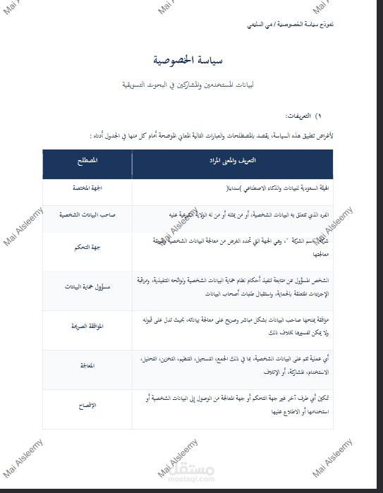 نموذج سياسة الخصوصية - مي السليمي