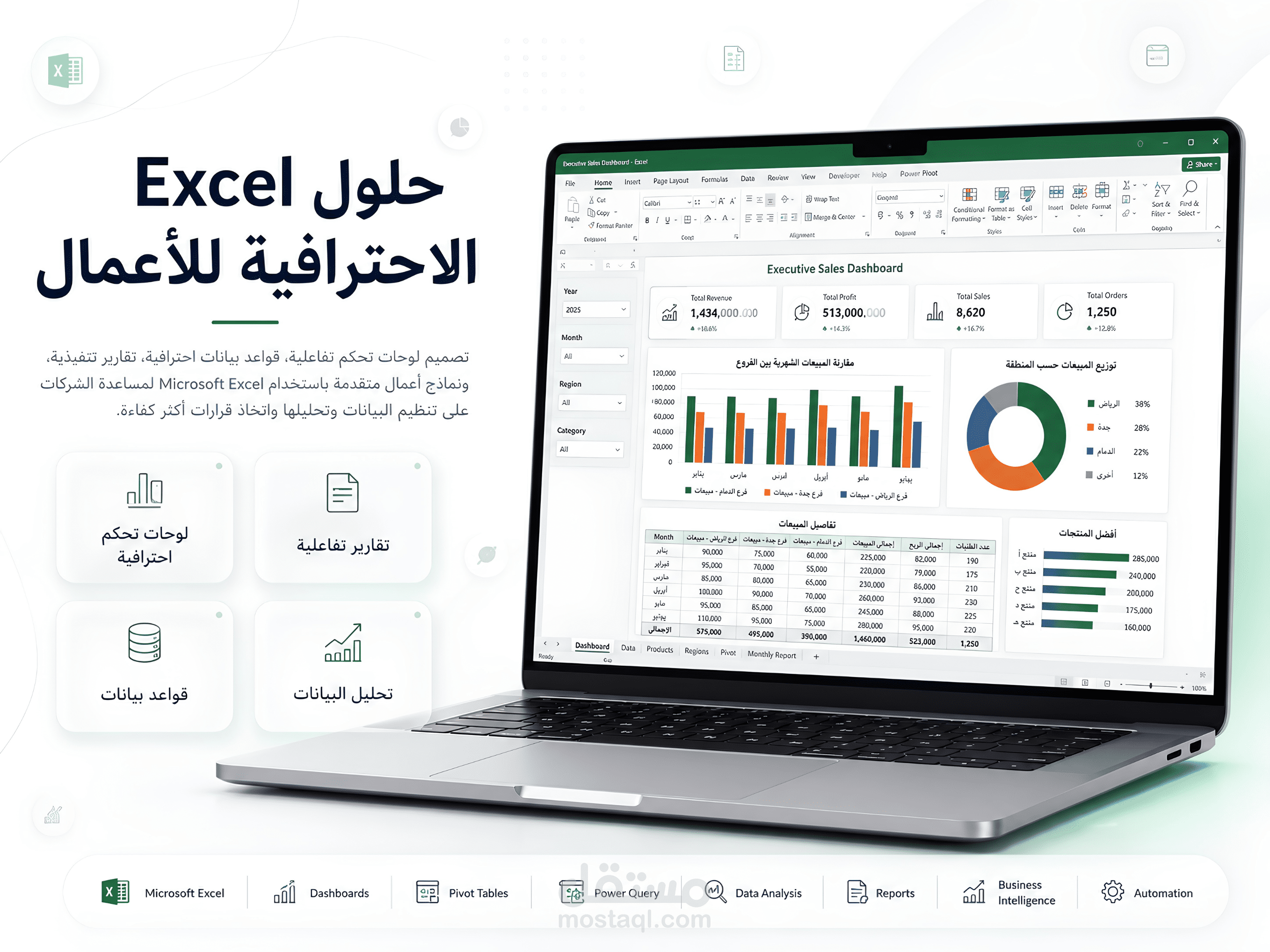 حلول Microsoft Excel الاحترافية للأعمال | Dashboards، قواعد بيانات، CRM وتقارير تحليلية